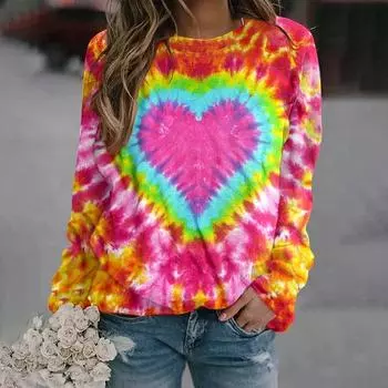Модные красочные толстовки с капюшоном Tie Dye Heart 3D Print Long Sleeve Hoodie Women Y2k Hoodie Streetwear Pullovers Tops Women Clothing S