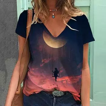 Модные креативные сексуальные футболки с 3D принтом Sky, женская уличная футболка, топы Y2k, женские футболки с v-образным вырезом для девочек, негабаритная одежда Harajuku S