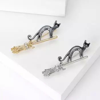 Модные креативные украшения Брошь в виде летящей метлы с котенком, универсальный корсаж с изображением животных