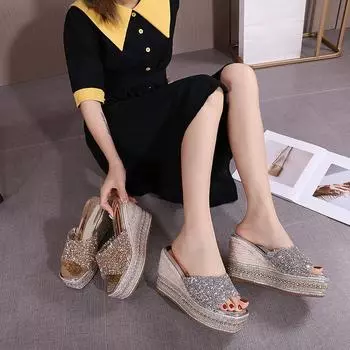 Модные криперы с блестками, прозрачные тапочки, женские босоножки на танкетке, шлепанцы, летние туфли на платформе, женские прозрачные шлепанцы с пайетками 4.5 серебряный
