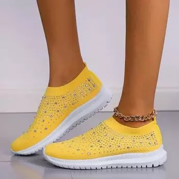 Модные кроссовки Crystal Breathable Mesh для женщин, удобные туфли на плоской подошве с мягкой подошвой, нескользящие повседневные туфли больших размеров, женские кроссовки 35 зелёный