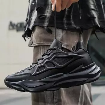 Модные кроссовки для мужчин на шнуровке Трендовые повседневные туфли из натуральной кожи для активного отдыха Теннисные кроссовки класса люкс для мужчин Кроссовки для ходьбы 6 чёрный