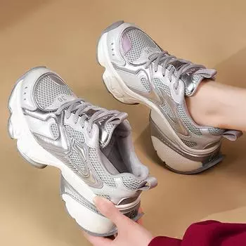 Модные кроссовки из натуральной кожи с толстой подошвой, дышащие, сетчатые, дышащие, спортивные, беговые, повседневные, женские, для фитнеса, вулканизированные 35 бежевый