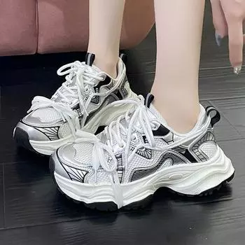 Модные кроссовки на танкетке с дышащей сеткой, женская обувь, шнуровка, разноцветные туфли с толстым дном, осенние нескользящие баскетбольные туфли для женщин 35 чёрный