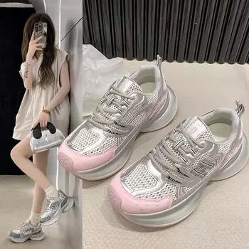 модные кроссовки на толстой подошве для женщин, дышащие сетчатые шнурованные летние легкие кроссовки на толстой подошве для женщин 35 розовый