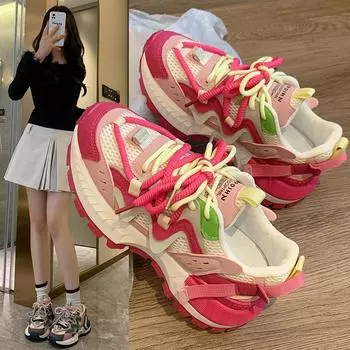 Модные кроссовки на толстой подошве, женские дизайнерские кроссовки, модные повседневные туфли из микрофибры и кожи с увеличенной внутренней частью и толстой подошвой 35 розовый