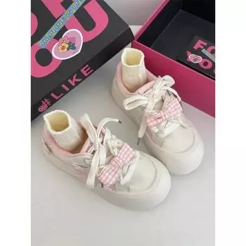 Модные кроссовки размера плюс 40 Kawaii Pink Blue Platform Casual Shoes Women Sweet Bow-Knot Slip on Vulcanize Shoes Female Tennis Shoes 35 розовый