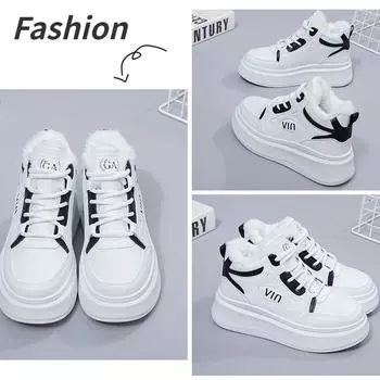 Модные кроссовки, женская повседневная обувь на высокой платформе, кожаная обувь на толстой подошве, плюшевая спортивная обувь 35 серый