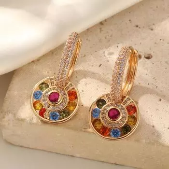Модные круглые цветные серьги-подвески из циркония для женщин, новые золотые серьги-подвески, свадебные ювелирные аксессуары для вечеринок разноцветный