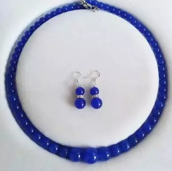 Модные круглые нефритовые бусины с синими сапфирами 6-14 мм, ожерелье, серьги, комплект ювелирных изделий 18 дюймов