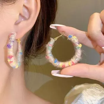 Модные круглые серьги-кольца радужного цвета для женщин, плюшевые серьги ручной работы, простые и милые круглые серьги с покрытием дофамина как