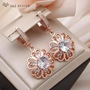 Модные круглые серьги с цирконием и цветами для женщин, вечерние украшения, розовое золото, серьги в подарок