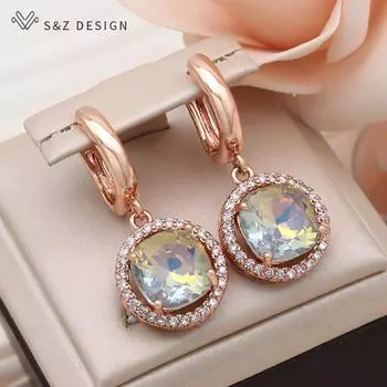 Модные круглые серьги с кубическим цирконием и квадратными кристаллами для женщин, розовое золото, ювелирные изделия для свадебной вечеринки