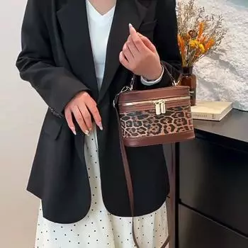 Модные круглые сумки-ведра для женщин на каждый день, сумка через плечо с леопардовым узором для поездок на работу, повседневные женские сумки 19x9x14.5cm