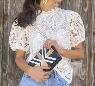Модные кружевные блузки с вышивкой, рубашки, женские повседневные пуловеры с пышными рукавами, женские летние винтажные Blusa с круглым вырезом, уличная одежда XS белый