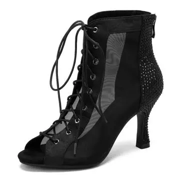 Модные кружевные летние туфли для джазовых танцев, ботильоны с открытым носком для женщин, сексуальные черные босоножки на высоком каблуке со шнуровкой, женские, большой размер 45 34 чёрный