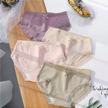 Модные кружевные трусы с бантом, хлопковые трусы со средней талией, эластичные удобные однотонные трусы L бежевый