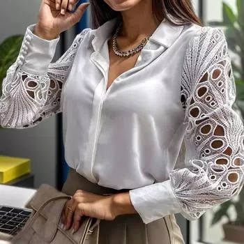 Модные кружевные женские рубашки с длинным рукавом 2024. Белая ажурная весенняя сексуальная кружевная блузка для офиса. Черные сетчатые дизайнерские топы. Винтажные топы на пуговицах Femme 199481. S чёрный