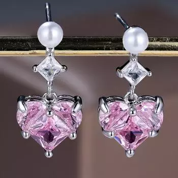 Модные кубические циркониевые розовые серьги-сердечки для женщин и девочек, гламурные изысканные ювелирные изделия на день рождения розовый