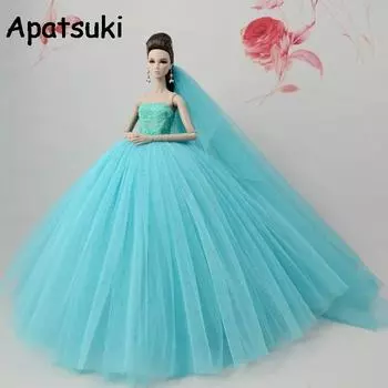 Модные кукольные платья для куклы Барби, высокое качество, длинное вечернее платье с хвостом, одежда, свадебное платье + вуаль, аксессуары для кукол 1/6 синий