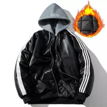 Модные куртки-бомберы из искусственной кожи, мужская верхняя одежда с капюшоном, повседневное осенне-зимнее толстое теплое короткое пальто M чёрный