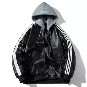 Модные куртки-бомберы из искусственной кожи, мужская верхняя одежда с капюшоном, повседневное осеннее черное короткое пальто M чёрный