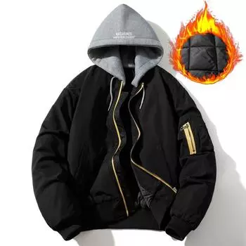 Модные куртки-бомберы, мужская верхняя одежда с капюшоном, повседневная, осень-зима, толстое теплое короткое пальто M чёрный