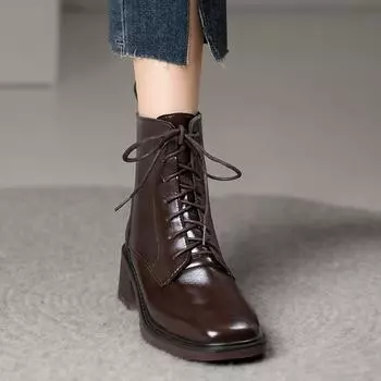 Модные квадратные носки на толстом каблуке, универсальные женские, новинка осени и зимы 2024 года, одинарные ботинки на шнуровке, короткие ботинки на французском высоком каблуке 35 чёрный