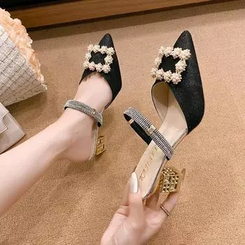 Модные квадратные пряжки, толстый каблук с жемчугом, маленькие ароматные ветровки, полуперетаскиваемые босоножки с одной педалью, туфли-лодочки, сандалии двойного назначения на высоком каблуке 34 серебряный