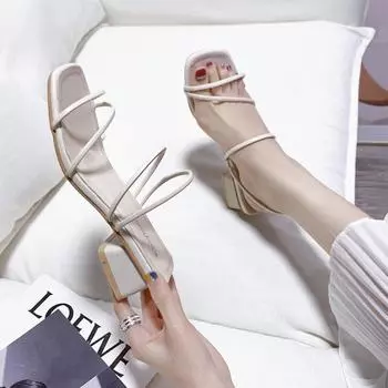 Модные квадратные туфли на высоком каблуке с квадратным носком, женские туфли на высоком каблуке, сандалии без застежек, нескользящие толстые каблуки, сандалии Zapatos для женщин 2024 Fashionhj87 35 белый