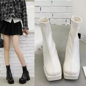 Модные квадратные высокие каблуки женские ковбойские сапоги в стиле вестерн модные туфли с боковыми молниями осень-зима женские элегантные короткие ботильоны на платформе 34 бежевый