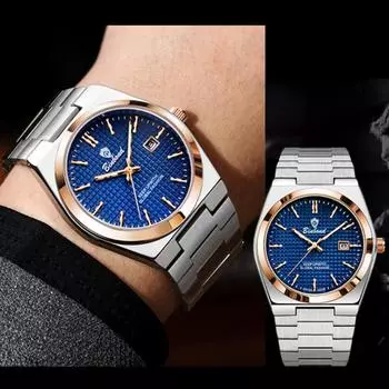 Модные кварцевые часы для мужчин из нержавеющей стали, водонепроницаемые, светящиеся, с датой недели, роскошные часы для мужчин, Relogio Masculino серебряный/синий