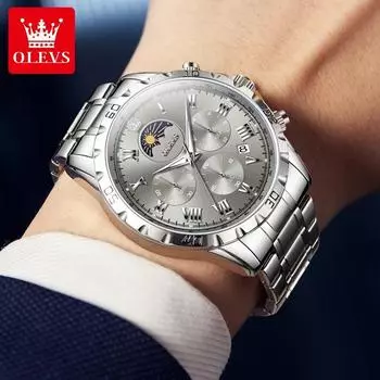 Модные кварцевые часы с фазами Луны для мужчин с римской шкалой, оригинальные водонепроницаемые наручные часы с хронографом и датой, деловые часы синий