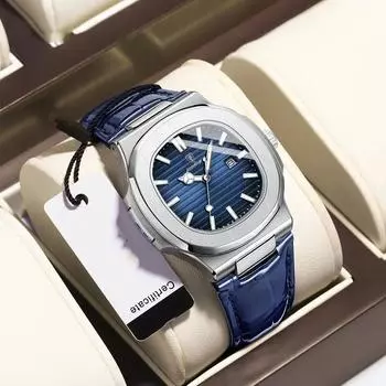 Модные кварцевые наручные часы, новые кожаные повседневные деловые часы, мужские роскошные часы, автоматические часы, мужские синий
