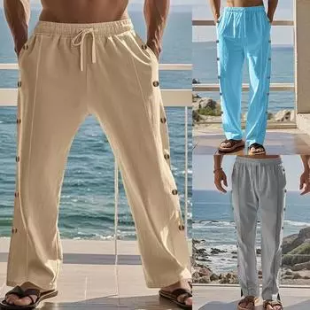 Модные льняные брюки с застежкой по бокам, мужские весенне-летние повседневные однотонные свободные брюки для мужчин, пляжные брюки для отдыха на море S небесно-голубой