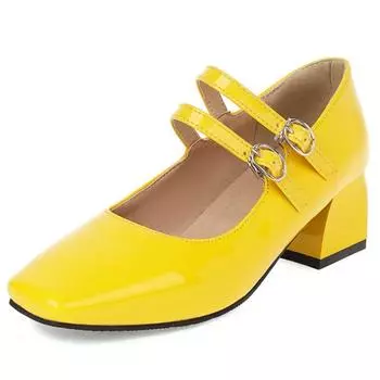 Модные лакированные элегантные туфли на низком каблуке женские туфли Мэри Джейн большого размера 45 модные черные желтые женские туфли на каблуке для офиса, вечеринки, свадьбы 34 абрикосовый