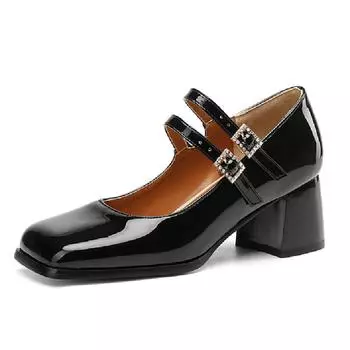 Модные лакированные элегантные туфли на низком каблуке женские туфли Мэри Джейн большого размера 45 модные черные красные женские туфли на каблуке для офиса, вечеринки, свадьбы 34 чёрный