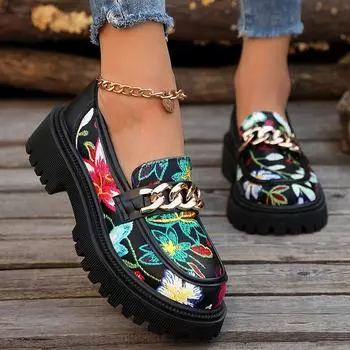 модные лакированные кожаные новые осенние женские мокасины модные повседневные туфли с металлической цепочкой женские туфли на толстом каблуке с неглубокой подошвой 35 чёрный