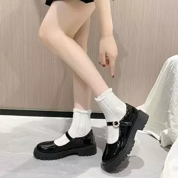 Модные лакированные туфли для женщин, японские туфли-лодочки из искусственной кожи с круглым носком, пряжкой на ремешке, повседневные туфли на низком каблуке, со шнуровкой и на платформе 35 чёрный