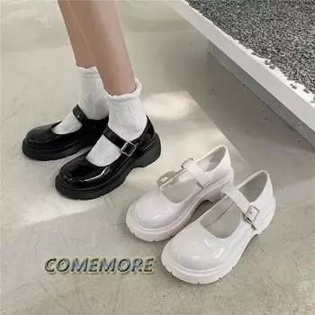 Модные лакированные туфли Мэри Джейн для женщин в стиле преппи с пряжкой на щиколотке, туфли-лодочки на платформе, женские японские туфли на толстом каблуке, школьные туфли Mujer 35 чёрный