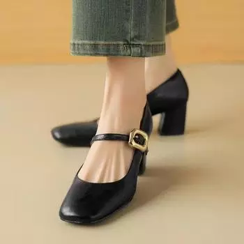 модные лакированные туфли на высоком каблуке в стиле ретро Мэри Джейн женские туфли на высоком каблуке с квадратным носком женские 2024 модные и универсальные 35 чёрный