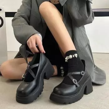 Модные лакированные туфли в стиле Лолита с ремешком на щиколотке, женские туфли на толстом каблуке и платформе, туфли Мэри Джейн, милые женские туфли на высоком каблуке 2024 года, лоферы 35