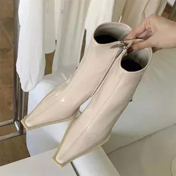 Модные лакированные женские ботильоны с острым носком на квадратном каблуке Боковые молнии Челси Botas De Mujer 35
