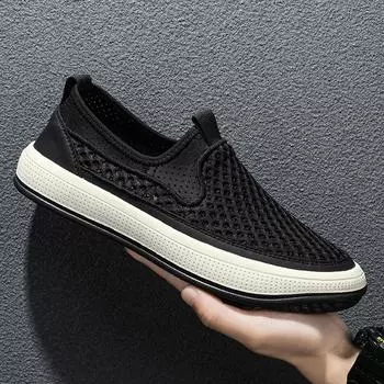 Модные легкие мужские повседневные туфли, дышащие, без застежек, мужские повседневные кроссовки, нескользящие, мужские туфли на плоской подошве, сетчатая обувь для ходьбы на открытом воздухе 38 чёрный