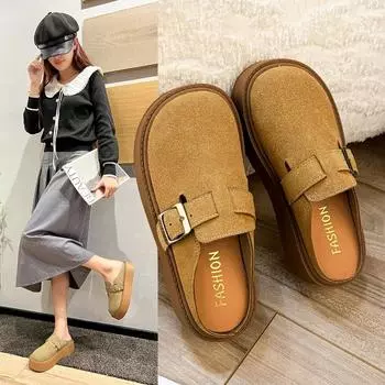 Модные ленивые туфли женские бархатные 2024 новые ретро-тапочки на толстой подошве женские туфли Baotou на открытом воздухе 35 хаки