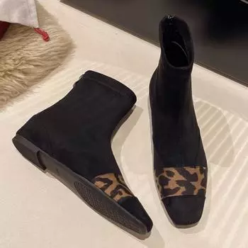 модные леопардовые балетки ботильоны с квадратным носком женская обувь 2025 новый тренд мода повседневная спортивная дорожная обувь сексуальные зимние ботинки Mujer 35 чёрный