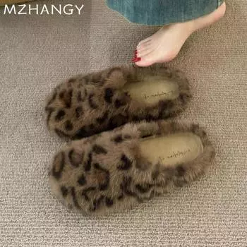 Модные леопардовые меховые хлопковые тапочки зимние туфли на плоской подошве для женщин 2025 года модные новые теплые повседневные удобные домашние туфли с открытой пяткой шлепанцы 35 цветной печати леопарда