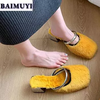 Модные леопардовые меховые тапочки, теплые женские туфли на высоком каблуке, зима 2025, новые элегантные короткие плюшевые шлепанцы с открытой пяткой, тренд Zapatillas Mujer 35 чёрный