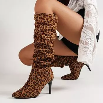 модные леопардовые сексуальные высокие сапоги челси женские туфли на высоком каблуке с острым носком 2024 модная зимняя новая трендовая обувь туфли-лодочки женская обувь 35 леопардовый