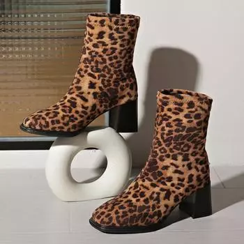модные леопардовые женские ботильоны на высоком каблуке с замшевыми квадратными носами, модные туфли на высоком каблуке, зимние 2025 года, элегантные туфли-лодочки для офиса, Botas Mujer 36 чёрный